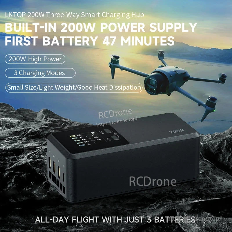 DJI Mavic 4 Pro Charger, The LKTOP 200W hub charges a battery in 47 mins, supports all-day flight with three batteries, and features three modes and efficient cooling.