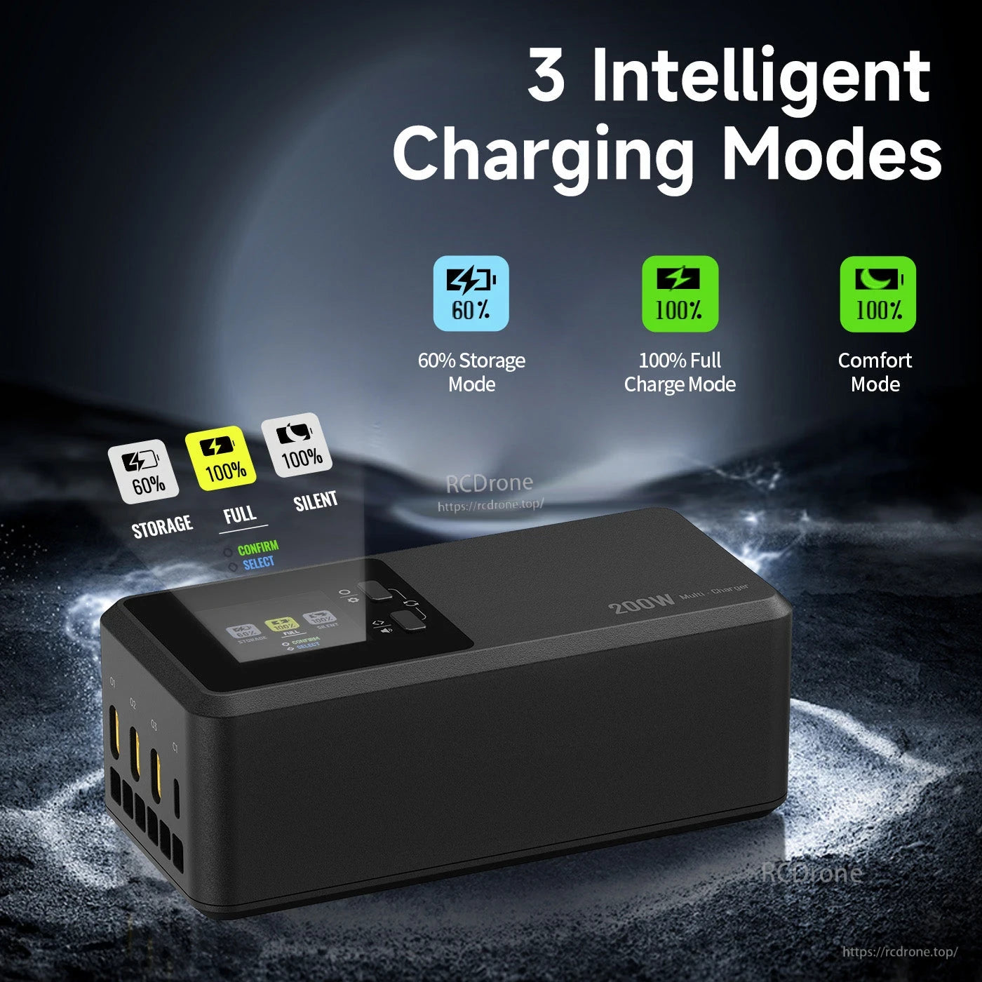 DJI Mavic 4 Pro Charger, 200W charger features storage, full charge, and comfort modes for optimal battery care.