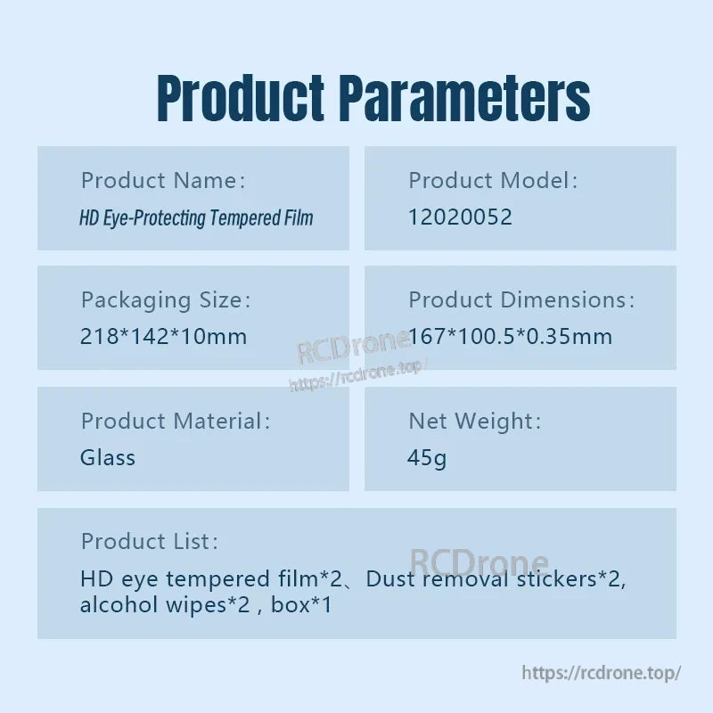 DJI Mavic 4 Pro Screen Protector, HD eye-protecting tempered glass film (167×100.5×0.35mm, 45g), model 12020052. Includes 2 films, dust stickers, alcohol wipes, and box. Packaging: 218×142×10mm.