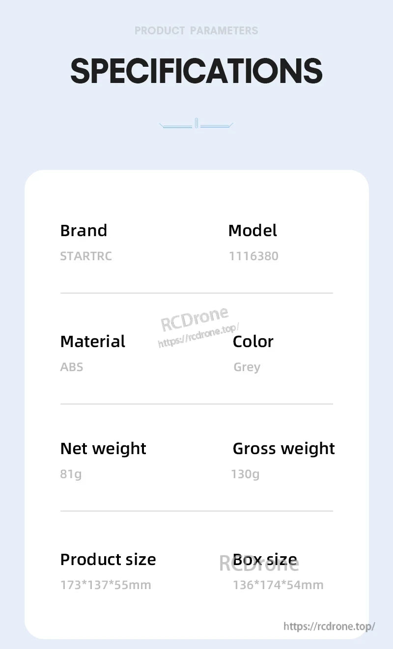 DJI Mini 4 Joystick Protector, STARTRC 1116380 grey ABS joystick protector, 81g, measuring 173x137x55mm.
