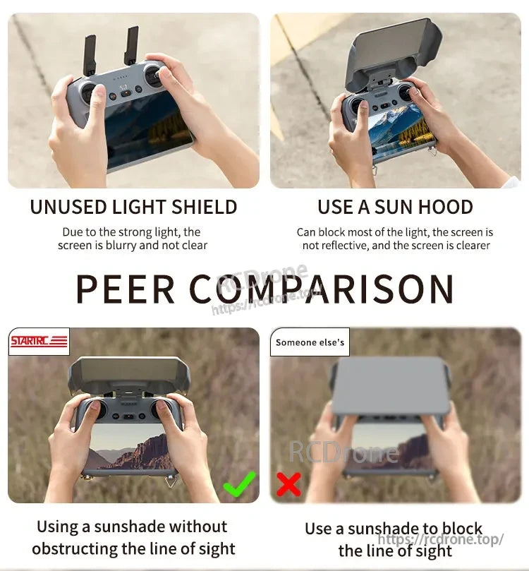 DJI Mini 4 Joystick Protector, A sun hood enhances screen clarity by blocking light; without it, visibility decreases due to glare and blurriness.