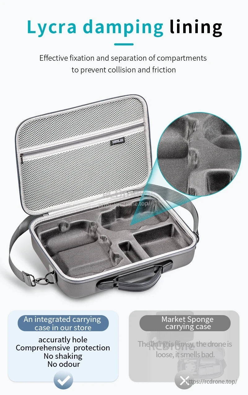 DJI Mini 4 Pro Carry Case, Lycra damping lining secures compartments, prevents friction and shaking; integrated case ensures precise fit, full protection, and odor-free storage.