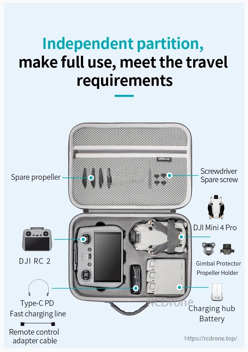 DJI Mini 4 Pro Carry Case, DJI Mini 4 Pro case with compartments for drone, controller, batteries, props, tools, and accessories—compact, protective, and travel-ready. (24 words)
