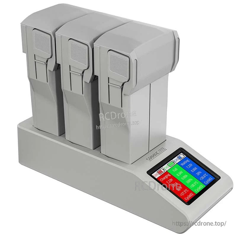 DJI Mini 4 Pro Charger, Charger with three slots, digital display shows battery status and temperature.