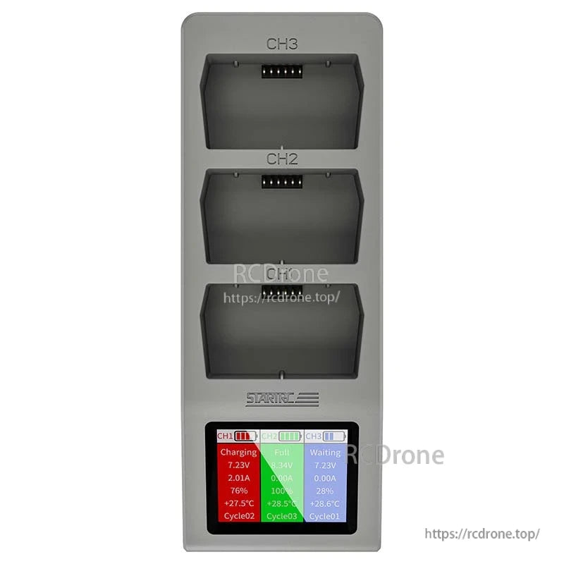 DJI Mini 4 Pro Charger, Digital display shows charging status, voltage, current, temperature, and cycle count per channel for three batteries. (20 words)