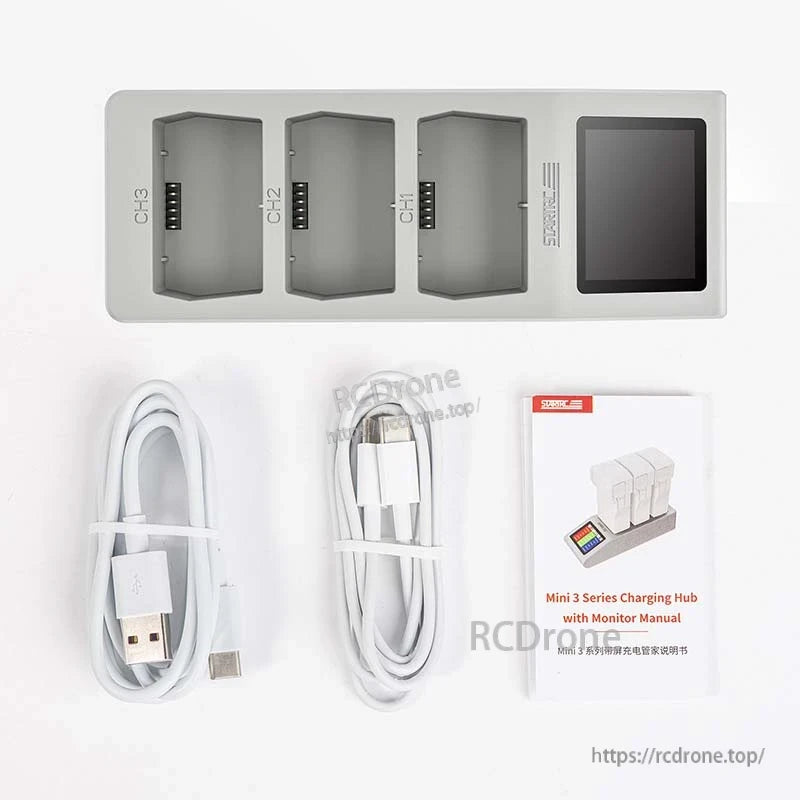 DJI Mini 4 Pro Charger, Mini 3 Series Charging Hub with monitor, three channels, and cables for convenient drone battery charging.