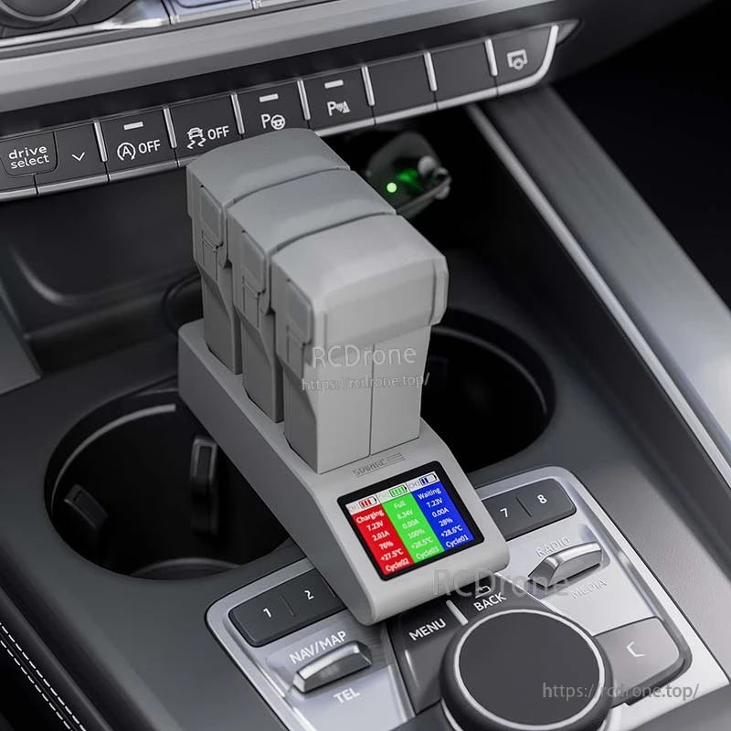 Dual-slot DJI Mini 4 Pro charger with digital display for battery status and charging details.