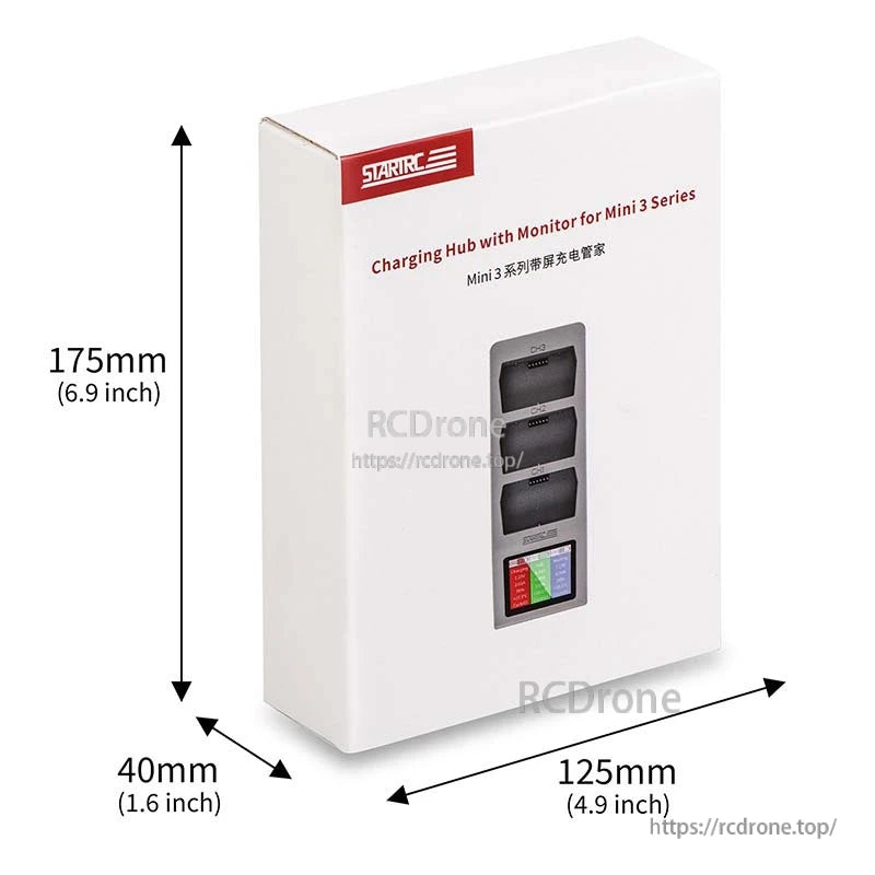 DJI Mini 4 Pro Charger, STARTRC charging hub with monitor for Mini 3 series; compact 175x125x40mm design enables efficient, organized battery charging and monitoring.