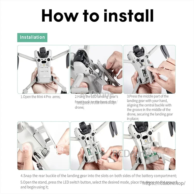 DJI Mini 4 Pro Landing Gear, Install DJI Mini 4 Pro LED landing gear in six simple steps—no tools needed. Attach front hook, snap rear buckle, open stand, press switch, select mode, and use. Ensures stability and protection.