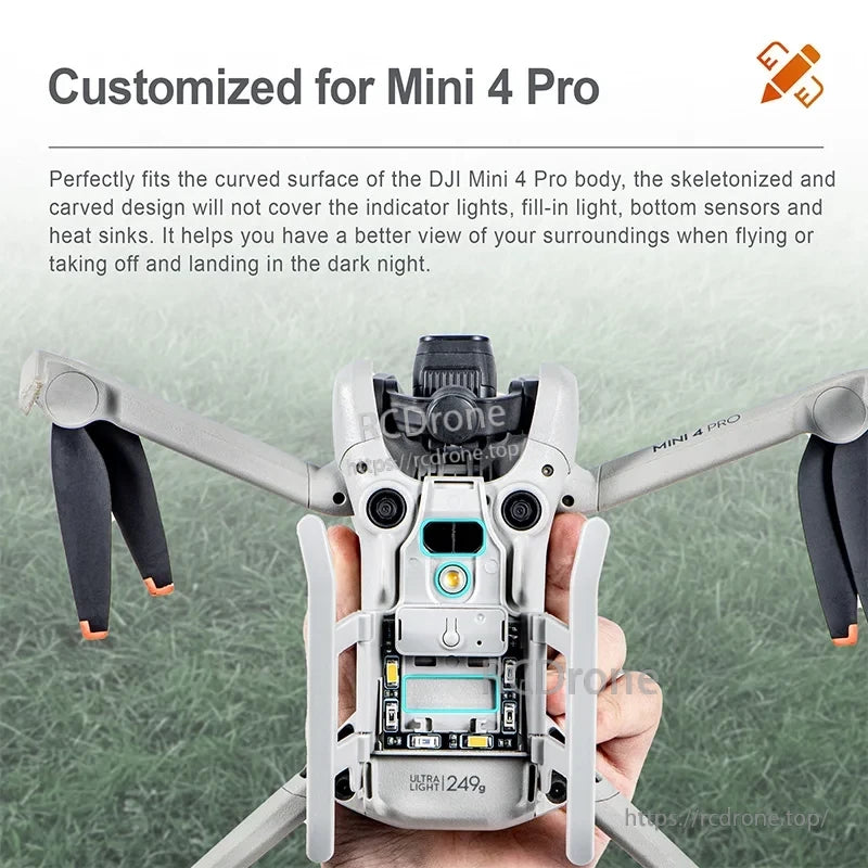 DJI Mini 4 Pro Landing Gear, Lightweight, skeletonized landing gear for DJI Mini 4 Pro preserves light, sensor, and heat sink visibility, enhancing night flight performance.