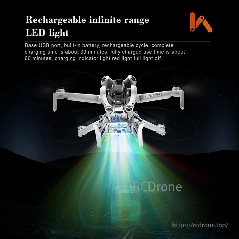 DJI Mini 4 Pro Landing Gear, Rechargeable LED light with USB port, 30-minute charge for 60 minutes of use, built-in battery, and indicator light.