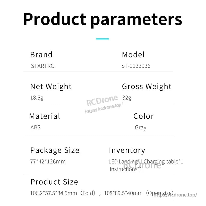 DJI Mini 4 Pro Landing Gear, STARTRC ST-1133936 gray ABS landing gear, 18.5g, 77×42×126mm; includes LED gear, cable, and instructions.