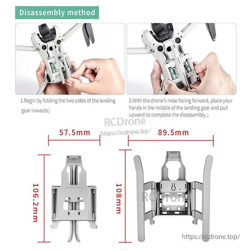 DJI Mini 4 Pro Landing Gear, Fold landing gear inward and pull up to disassemble. Dimensions: 57.5mm x 106.2mm and 89.5mm x 108mm.