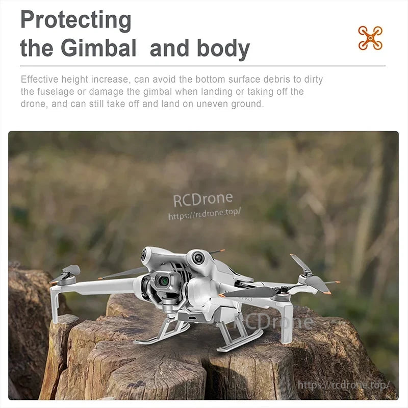 DJI Mini 4 Pro Landing Gear, Protects gimbal and body, adds height to prevent debris damage during takeoff and landing on rough terrain.