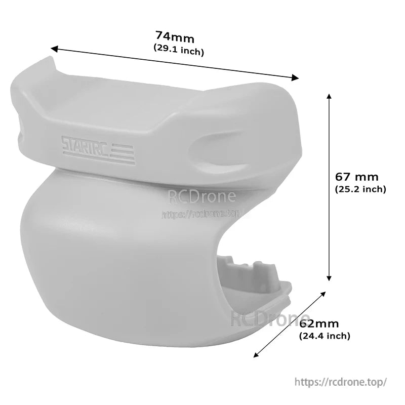 DJI Mini 4 Pro Lens Hood, STARTRC white plastic lens hood for DJI Mini 4 Pro, measuring 74mm x 67mm x 62mm, with precise labeling.