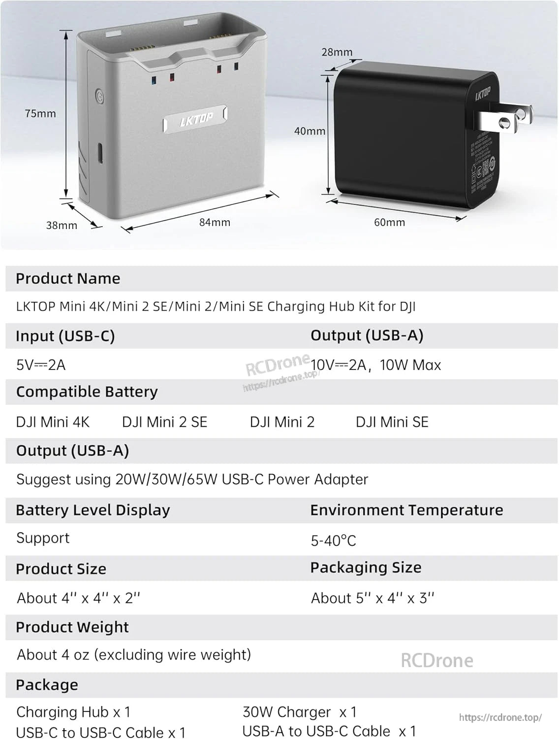 DJI Mini 4K Charging Hub, LKTOP charging hub for DJI Mini drones includes charger, cables, battery display; compatible with Mini 4K/2 SE/2/SE; works at 5–40°C.