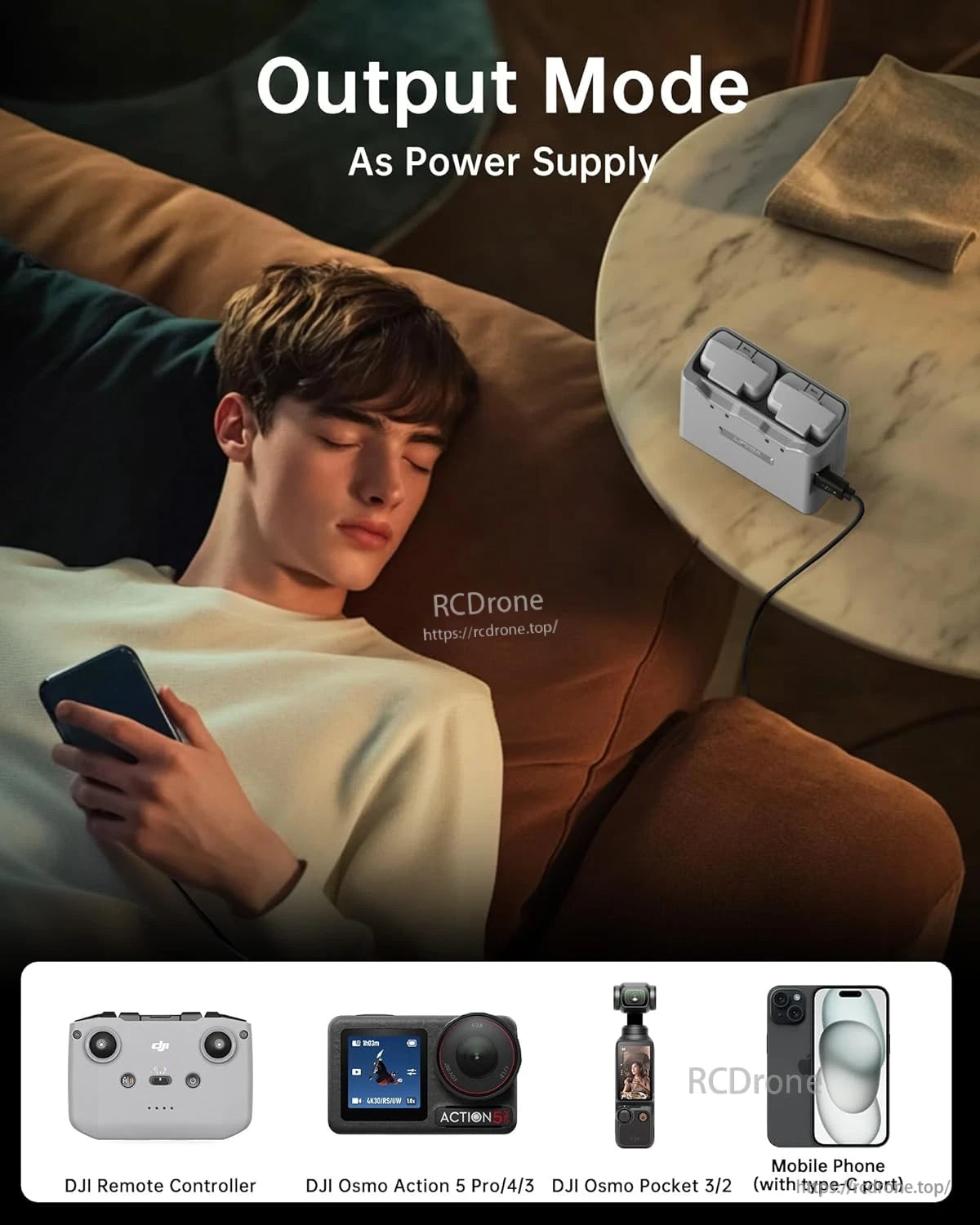 DJI Mini 4K Charging Hub charges remote controllers, Action cams, Osmo Pocket, and Type-C phones while resting.