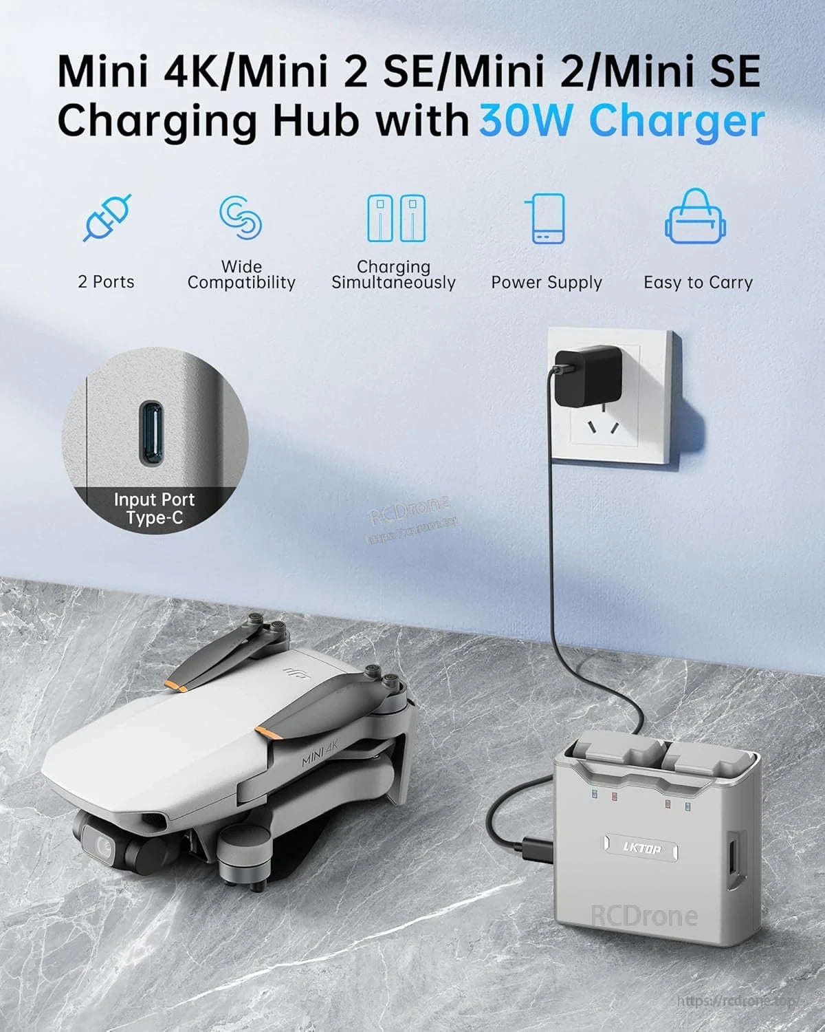 DJI Mini 4K Charging Hub, Mini 4K/2 SE/2/SE charging hub: 30W, dual-port, Type-C input, portable, wide compatibility, charges two drones simultaneously.