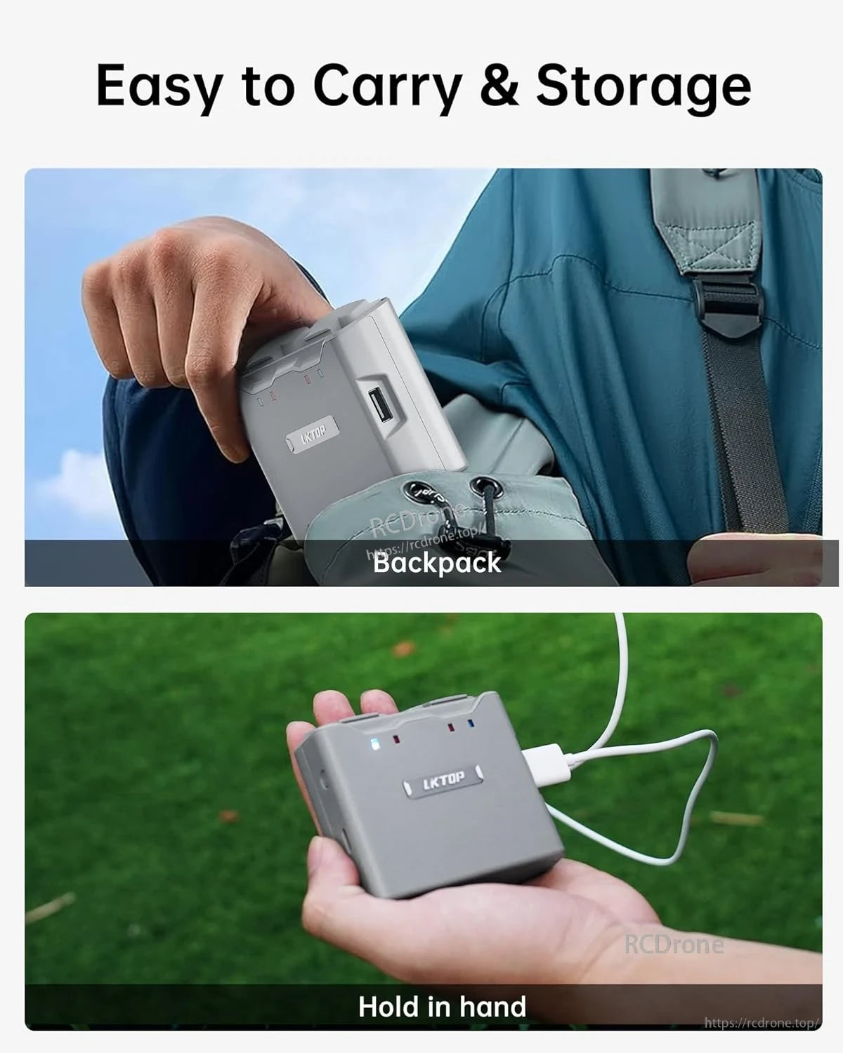 DJI Mini 4K Charging Hub, Compact, lightweight LKTOP device fits in a backpack or hand for portable outdoor charging and convenient storage.