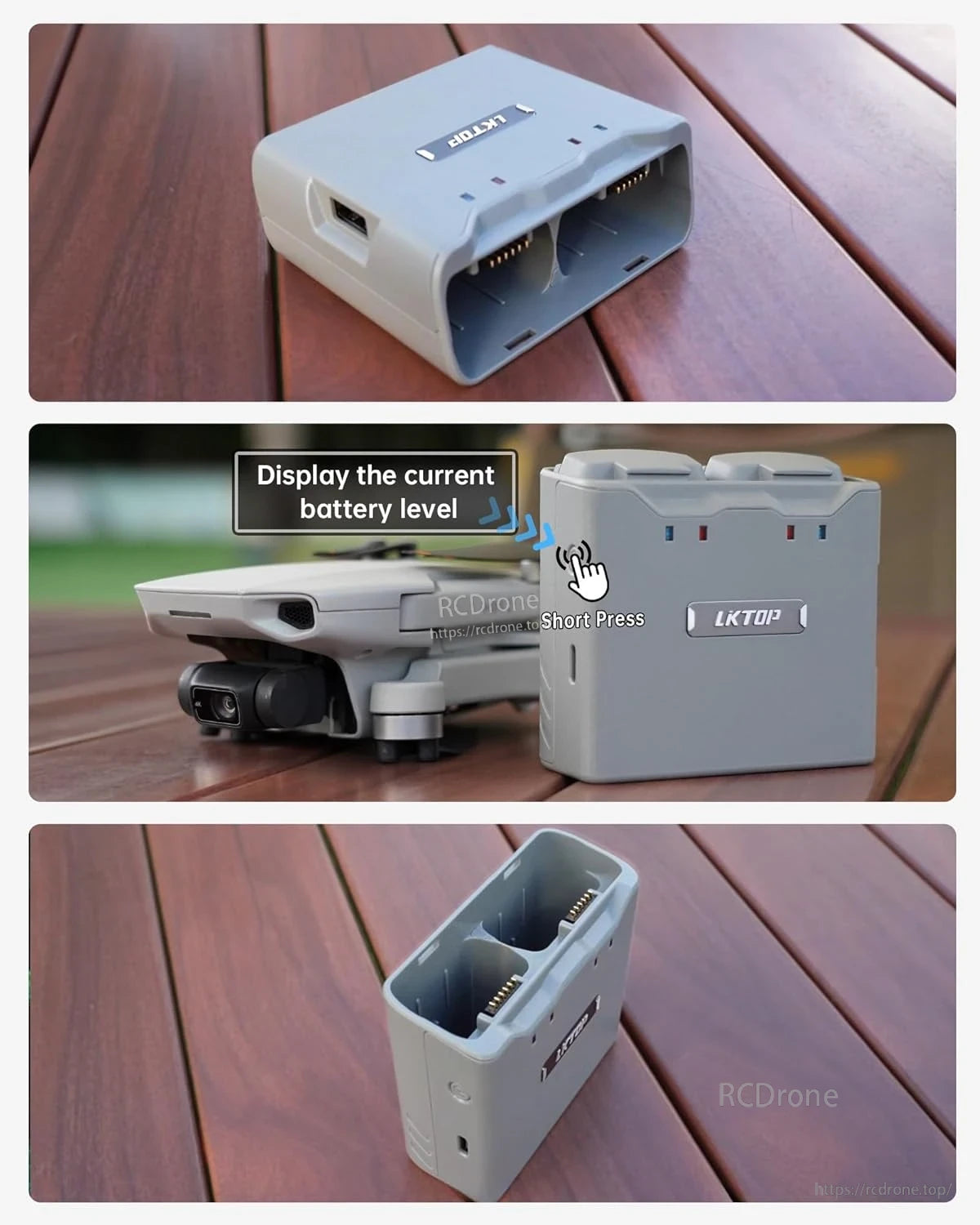 DJI Mini 4K Charging Hub, LKTOP charging hub displays battery levels via short press button.