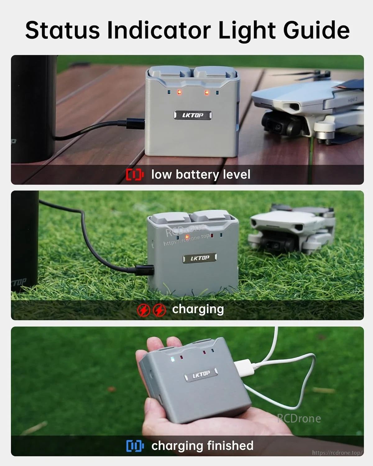 DJI Mini 4K Charging Hub, LKTOP charging hub status lights indicate battery levels and charge completion.
