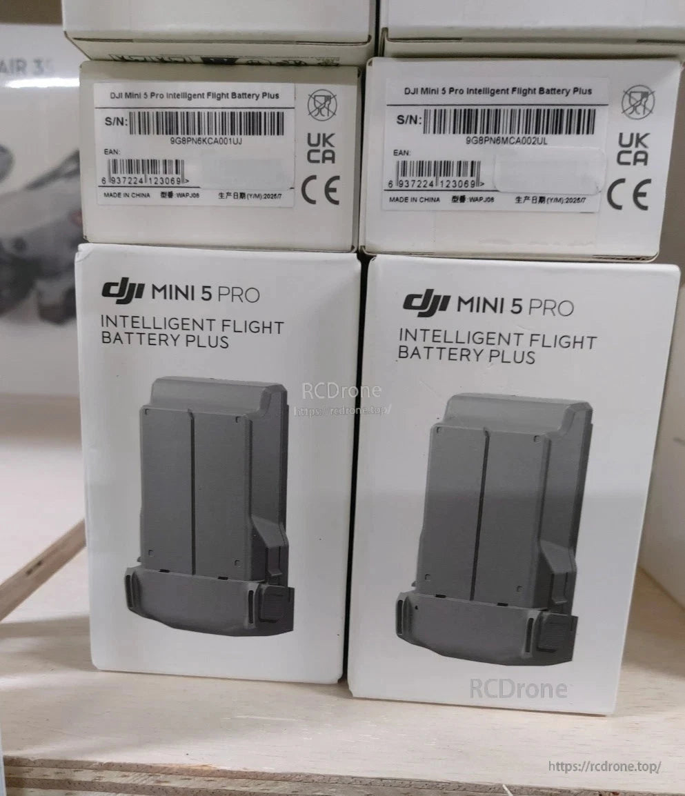 Boxes of DJI Mini 5 Pro Intelligent Flight Battery Plus with battery image and UKCA/CE label stickers