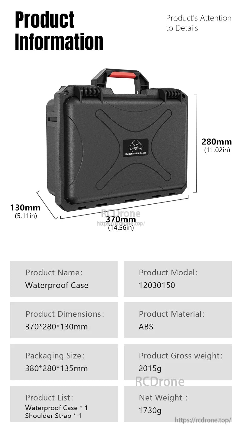 DJI Mini 5 Pro Water Case, Waterproof ABS case for DJI Mini 5 Pro (model 12030150), 370×280×130mm, includes shoulder strap. Net weight 1730g, gross 2015g. Packaging: 380×280×135mm.