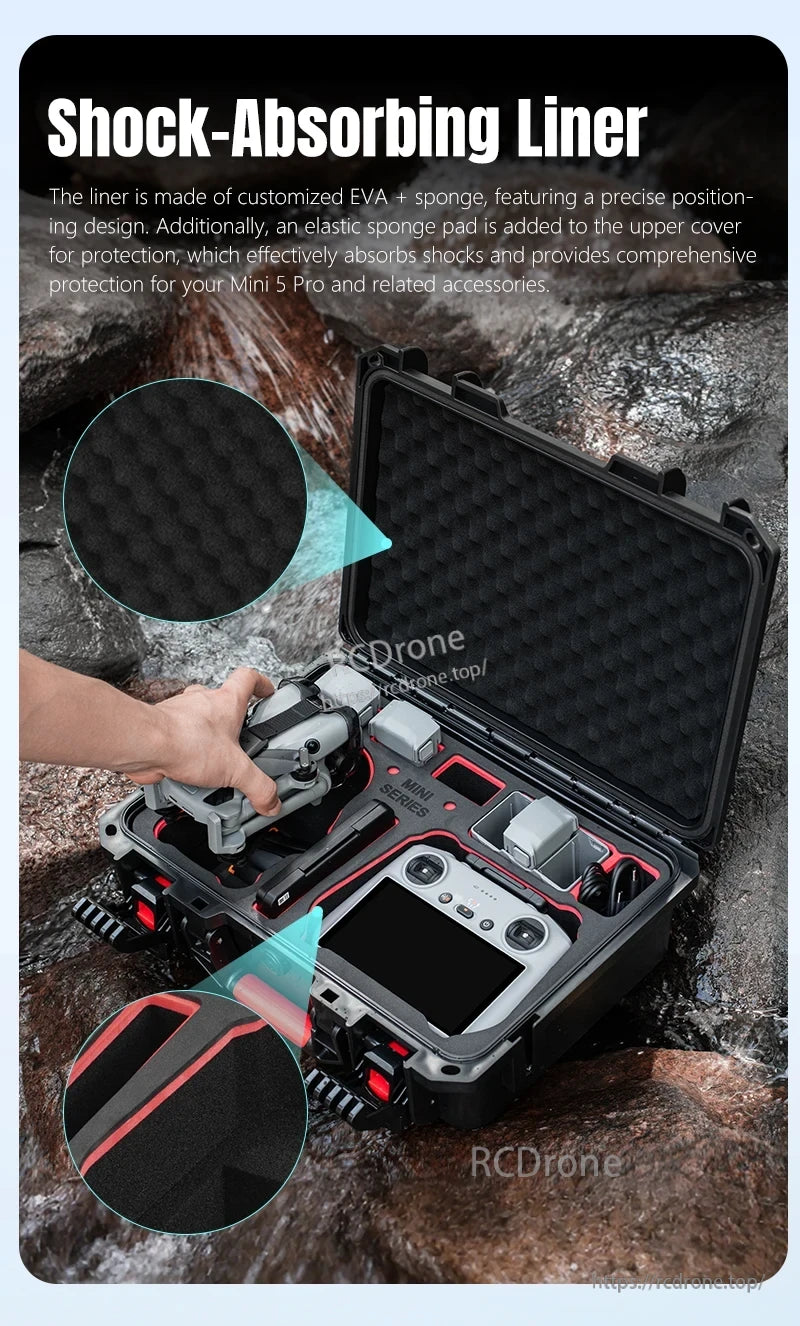 DJI Mini 5 Pro Water Case, Shock-absorbing EVA and sponge liner with precise fit and elastic padding for optimal Mini 5 Pro protection.