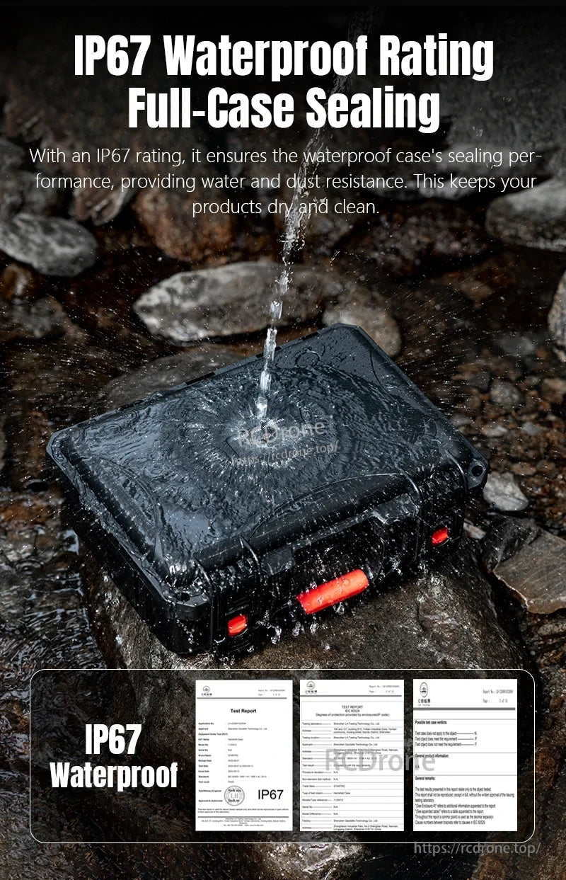DJI Mini 5 Pro Water Case, IP67 rating provides complete protection against water and dust; tested for durability and reliability in harsh environments.