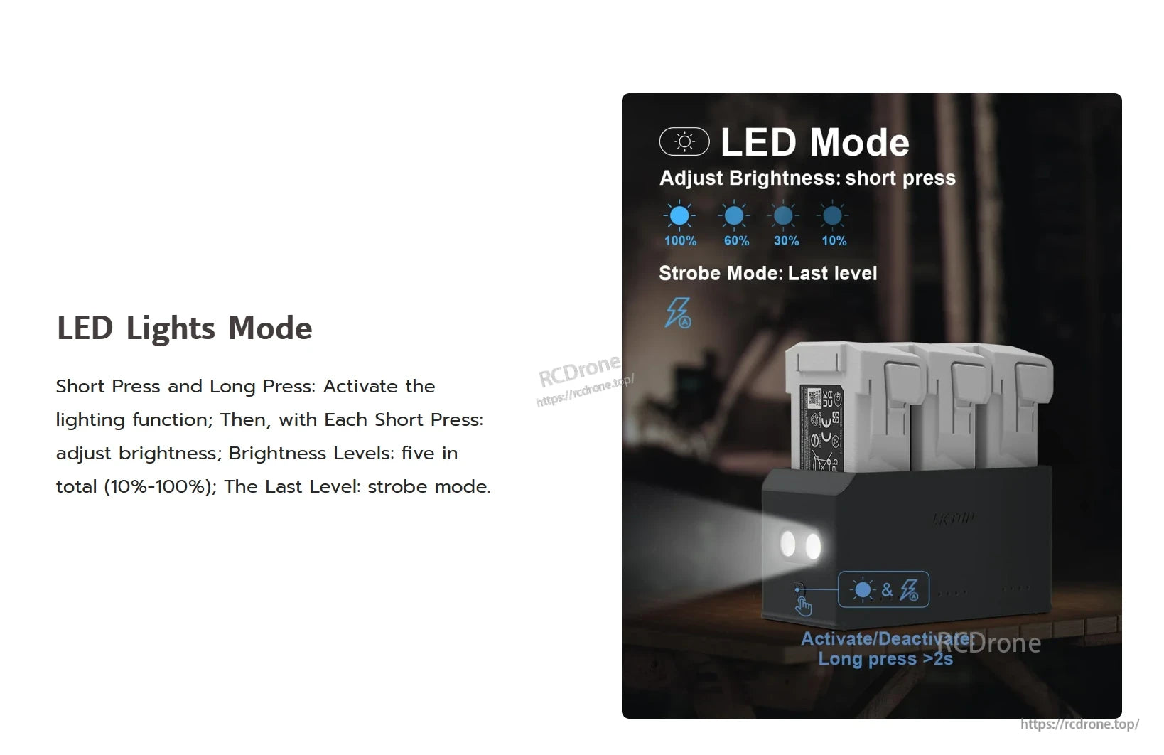 DJI Mini Charging Hub, Short press adjusts brightness (10–100%) or strobe; long press toggles lighting on/off; five levels available after activation.