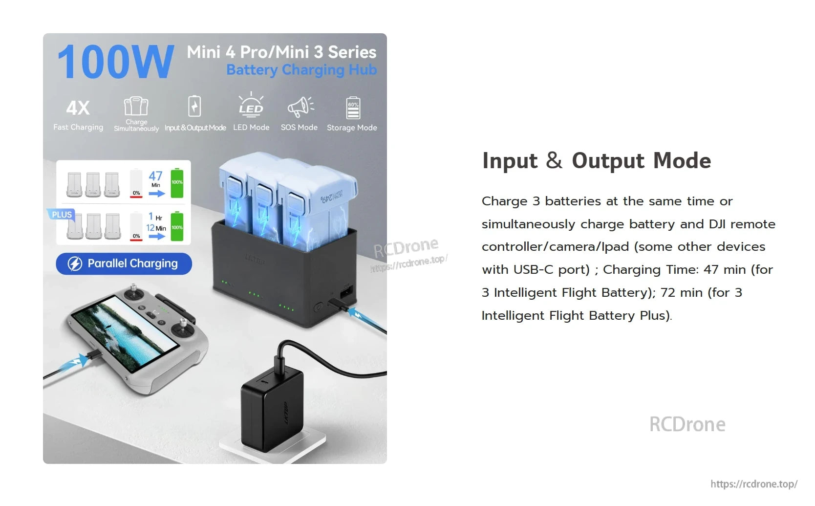 DJI Mini Charging Hub, DJI Mini 4 Pro/Mini 3 charging hub charges three batteries or devices fast, with LED, SOS, and storage modes.