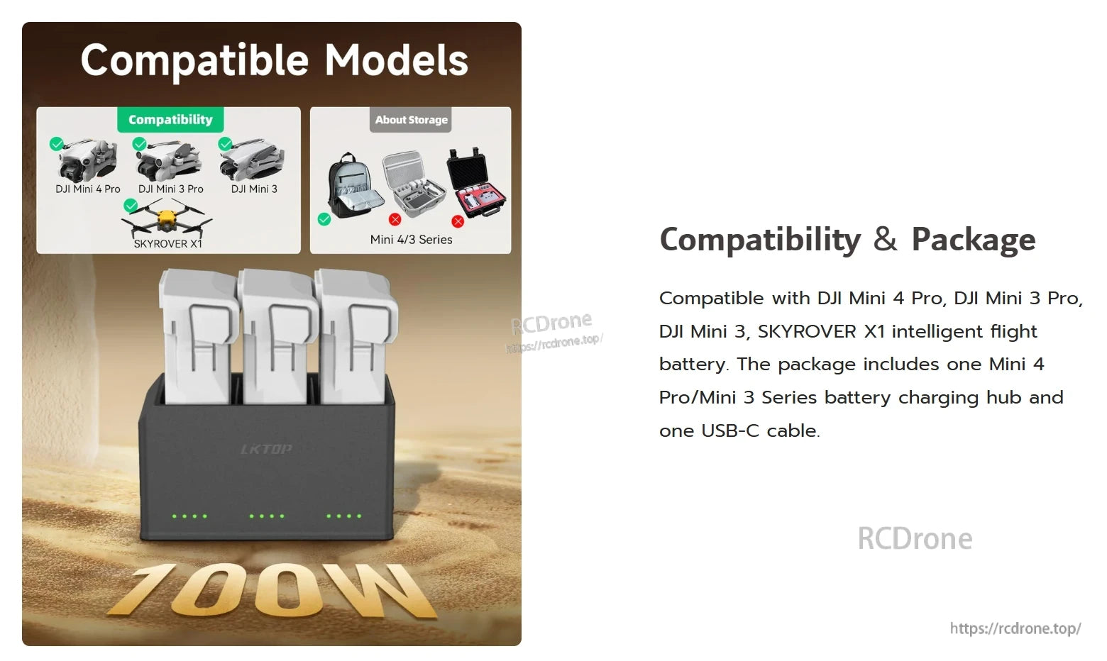 DJI Mini Charging Hub, Charging hub for DJI Mini drones, includes USB-C cable, supports 100W; storage cases not recommended for Mini 4/3 Series.