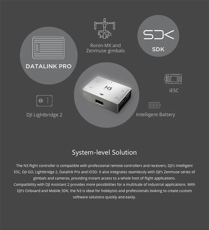 DJI N3 Autopilot Flight Controller. N3 flight controller supports professional controllers. ESC. Lightbridge 2. Datalink Pro. iOSD. Zenmuse gimbals/cameras. with DJI Assistant 2 compatibility for custom software.