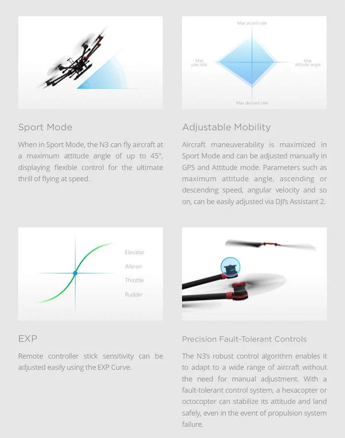 DJI N3 Autopilot Flight Controller. Sport Mode enhances N3's speed and control. with adjustable parameters for maneuverability and sensitivity. ensuring stable flight and safe landing.