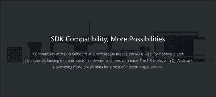 DJI N3 Autopilot Flight Controller. N3 SDK offers hobbyists and professionals compatibility with custom software and DJI Assistant 2 for expanded industrial application possibilities.