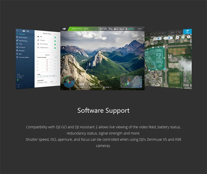 DJI N3 Autopilot Flight Controller. DJI software supports live video. battery status. signal strength. and camera control via DJI GO and Assistant 2.