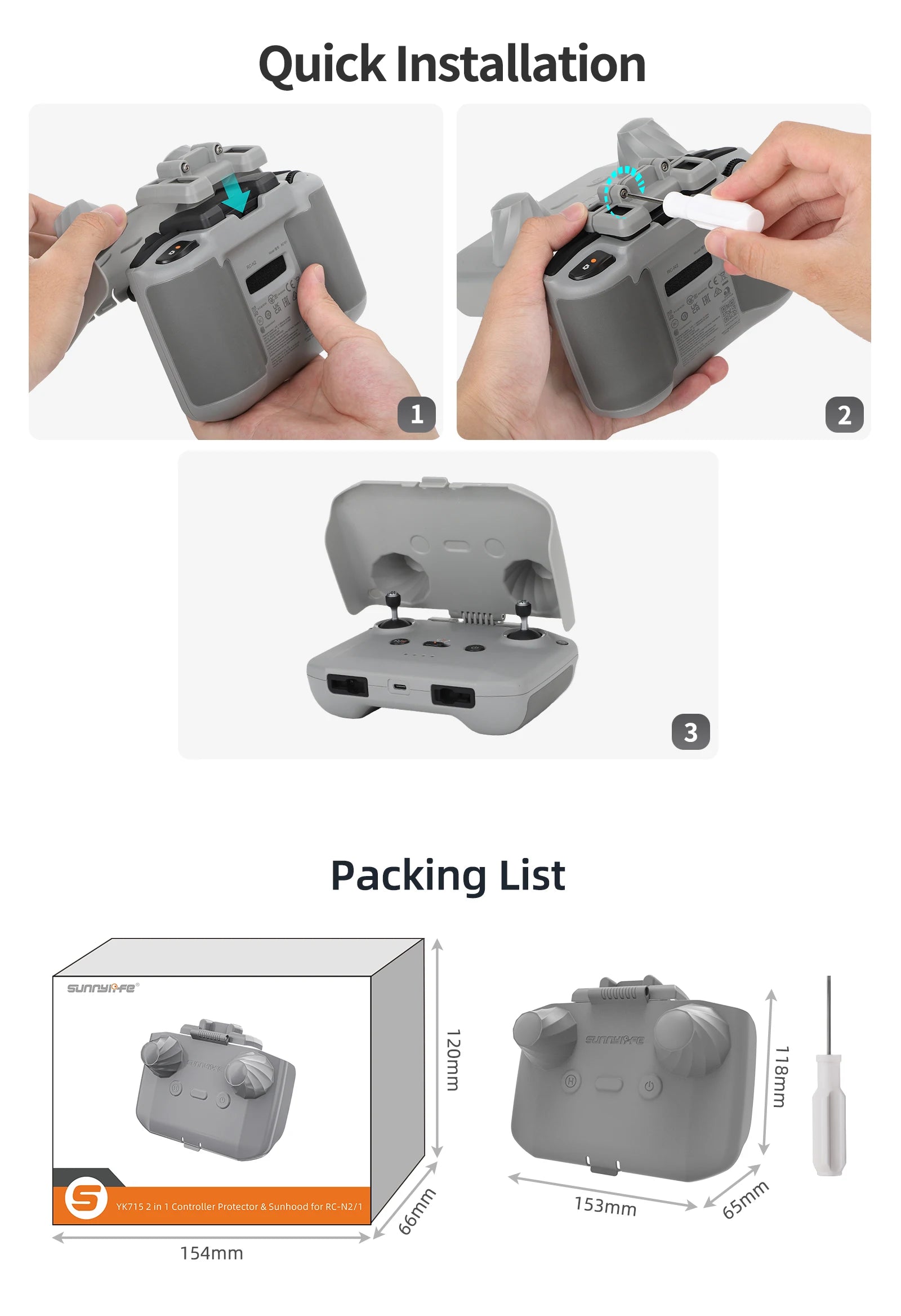 DJI Neo Drone Accessory Kit, A quick installation guide includes contents such as propellers, battery, cables, power bank, remote control protector, and sunhood for an RC drone.