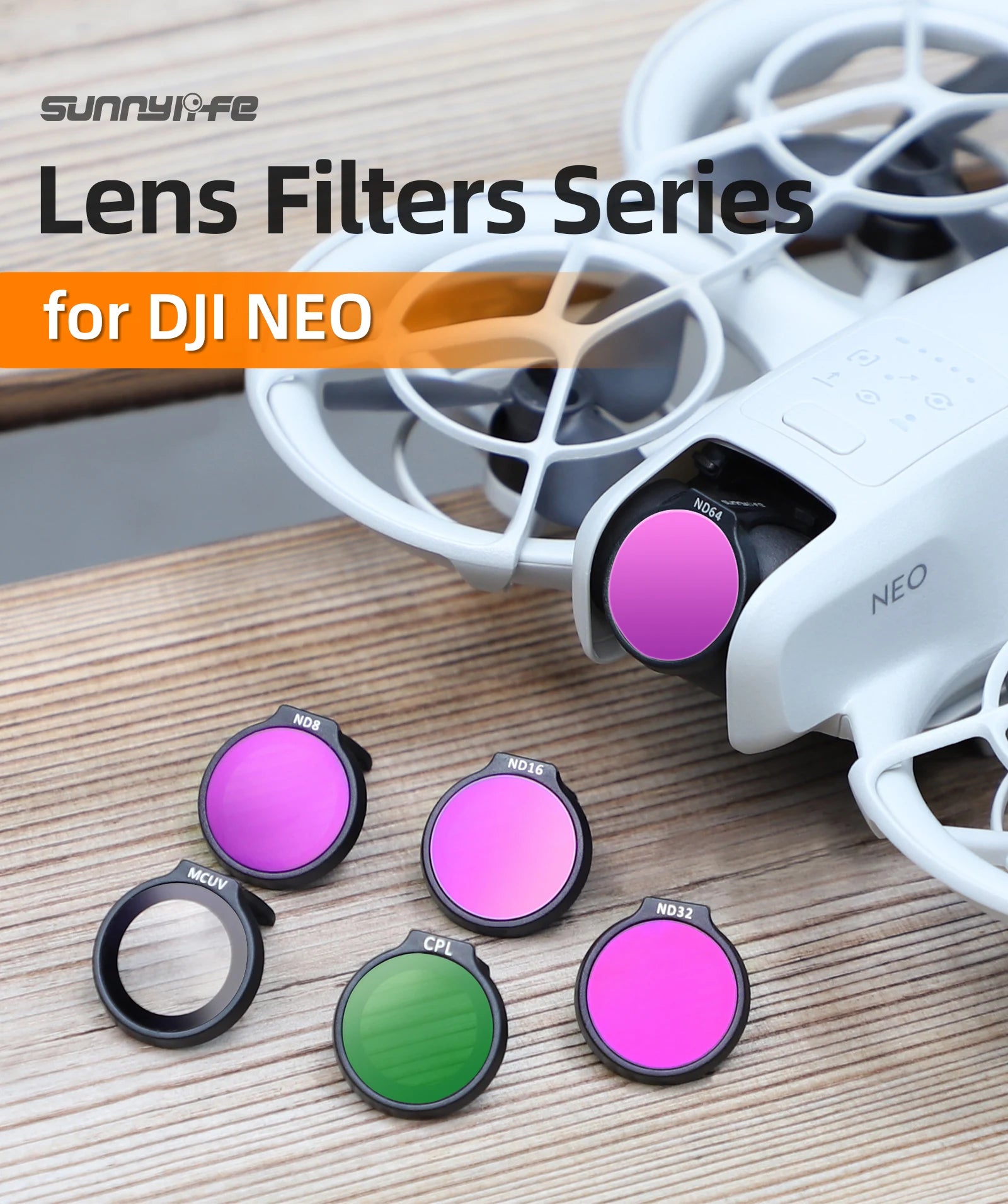 DJI Neo Drone Accessory Kit, DJI Neo lens filters series features four options: Nd-64, Nd-8, N0.16 MCUV, and Nd-3Z CPL.