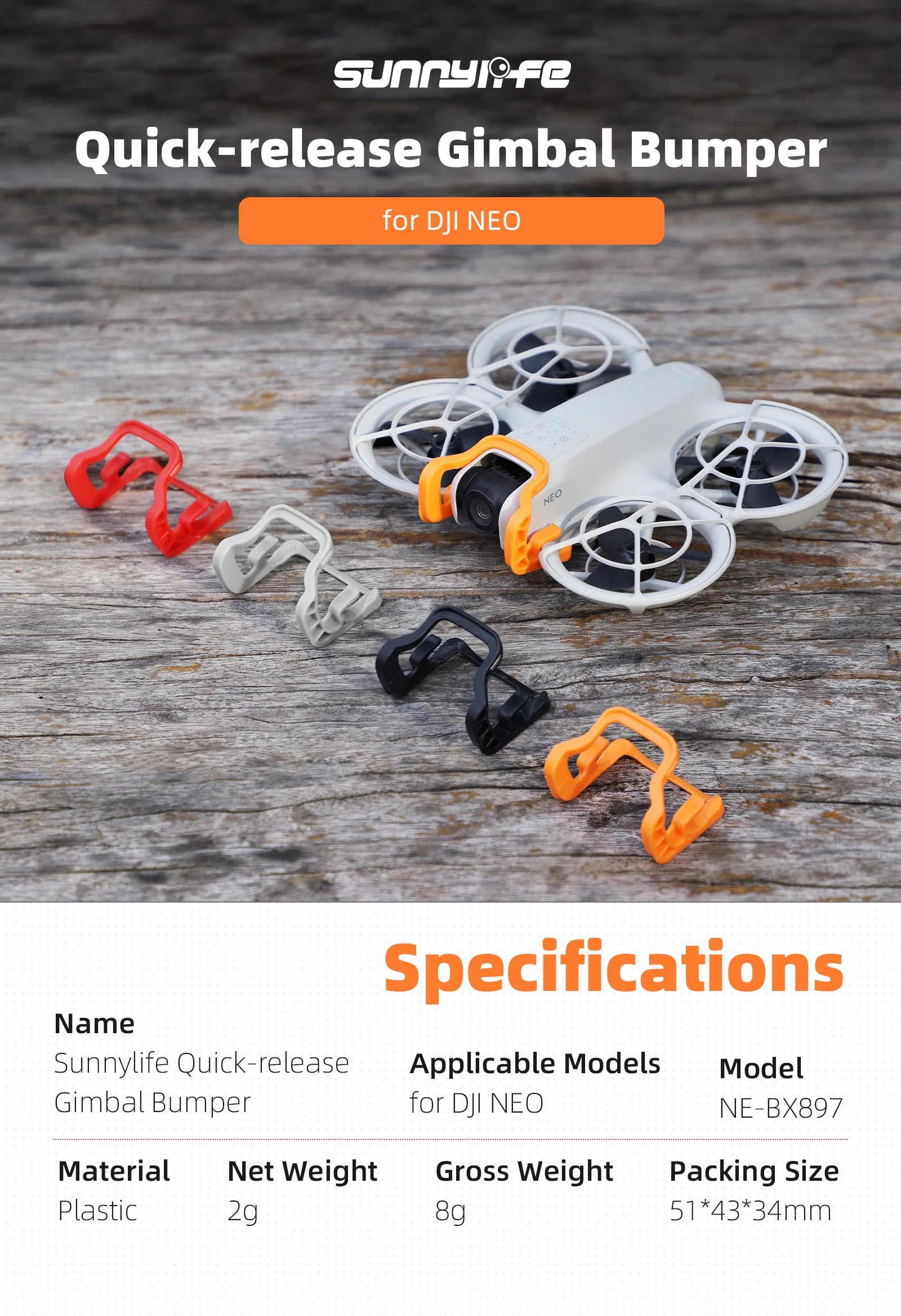 DJI Neo Drone Accessory Kit, The DJI NEO Accessories Kit includes a Quick-release Gimbal Bumper designed for NE-BOX897, made of plastic and lightweight.