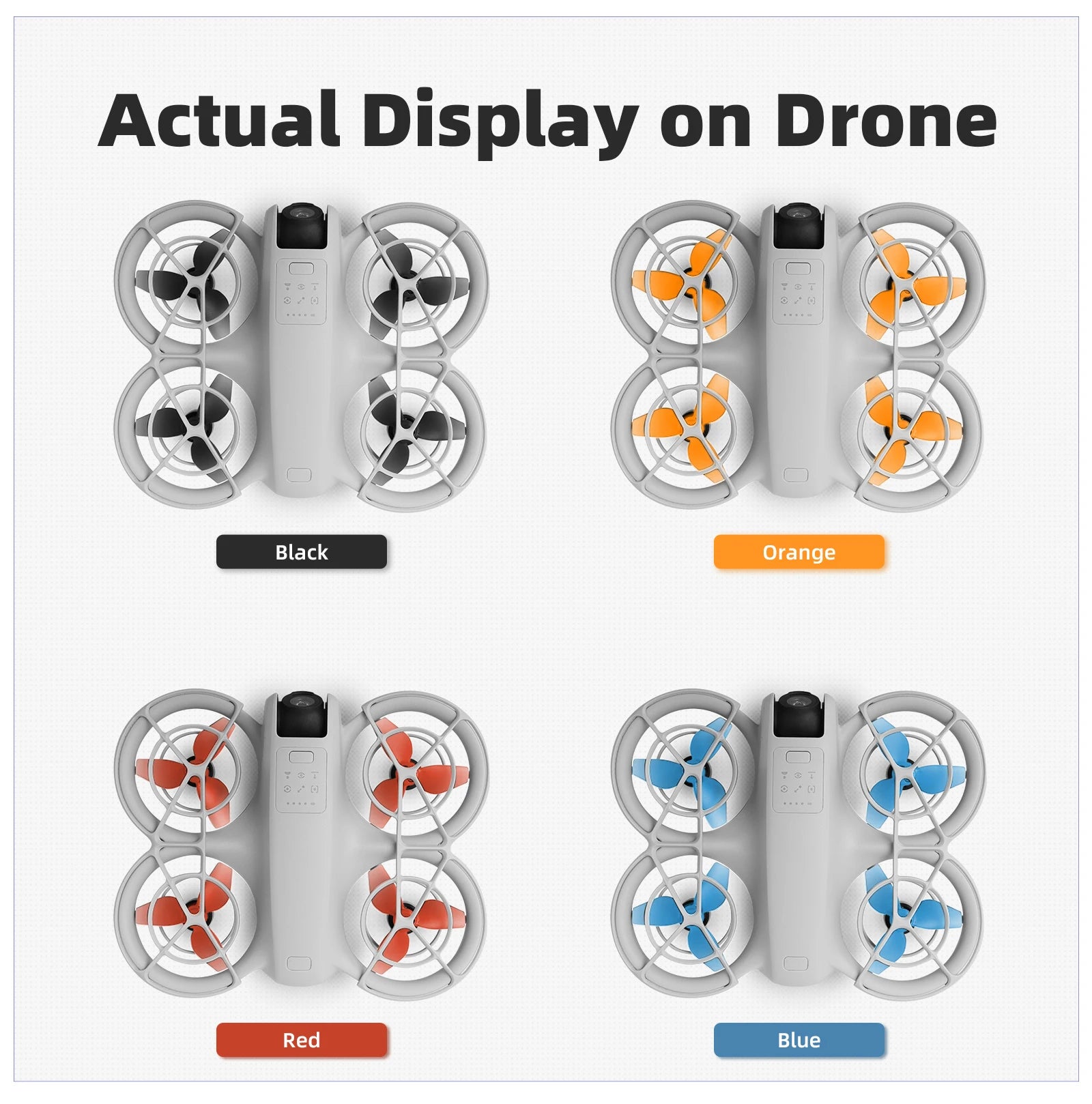 DJI Neo Drone Accessory Kit, Actual Display on DJI Neo Drone Features Black, Orange, Red, and Blue Colors