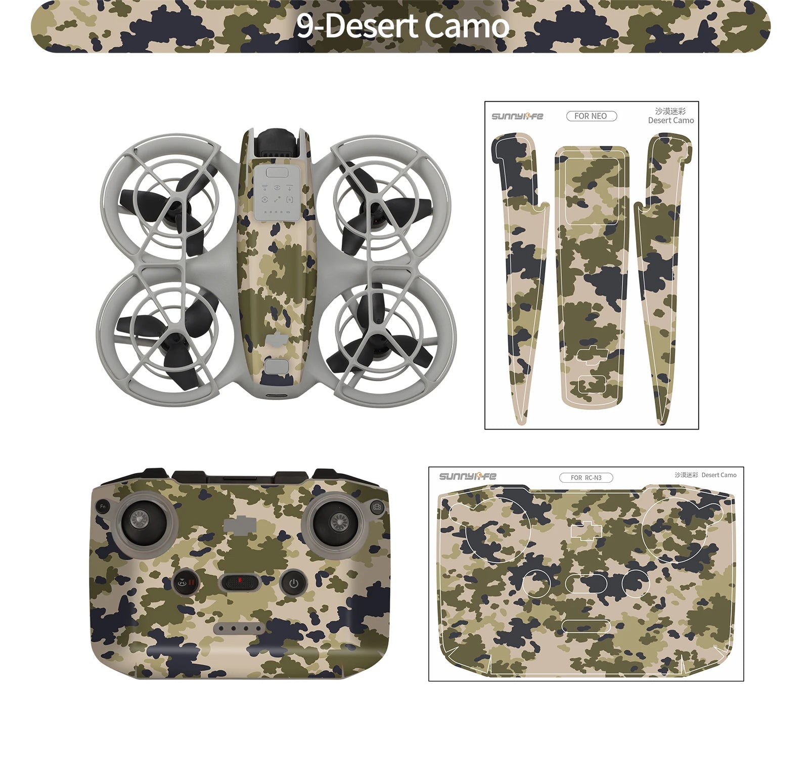 DJI Neo Drone Accessory Kit, A DJ Neo Drone Accessories Kit includes a desert camo frame, sunny propellers, and an RC-N3 flight controller for DJI Neo drone.