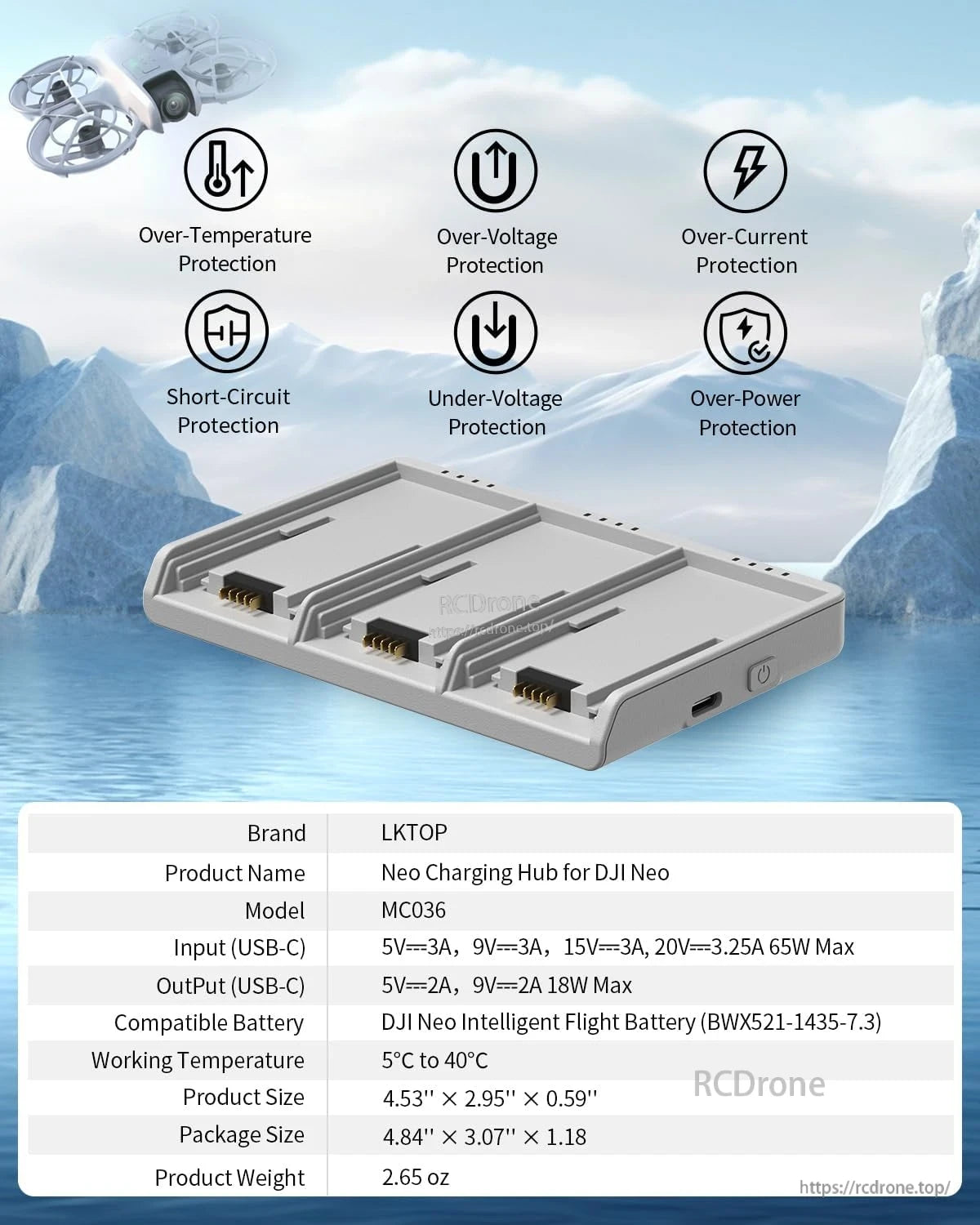 DJI Neo Charger Hub, LKTOP Neo Charging Hub charges three DJI Neo batteries at once with six protections, 65W input, and operates between 5°C–40°C.
