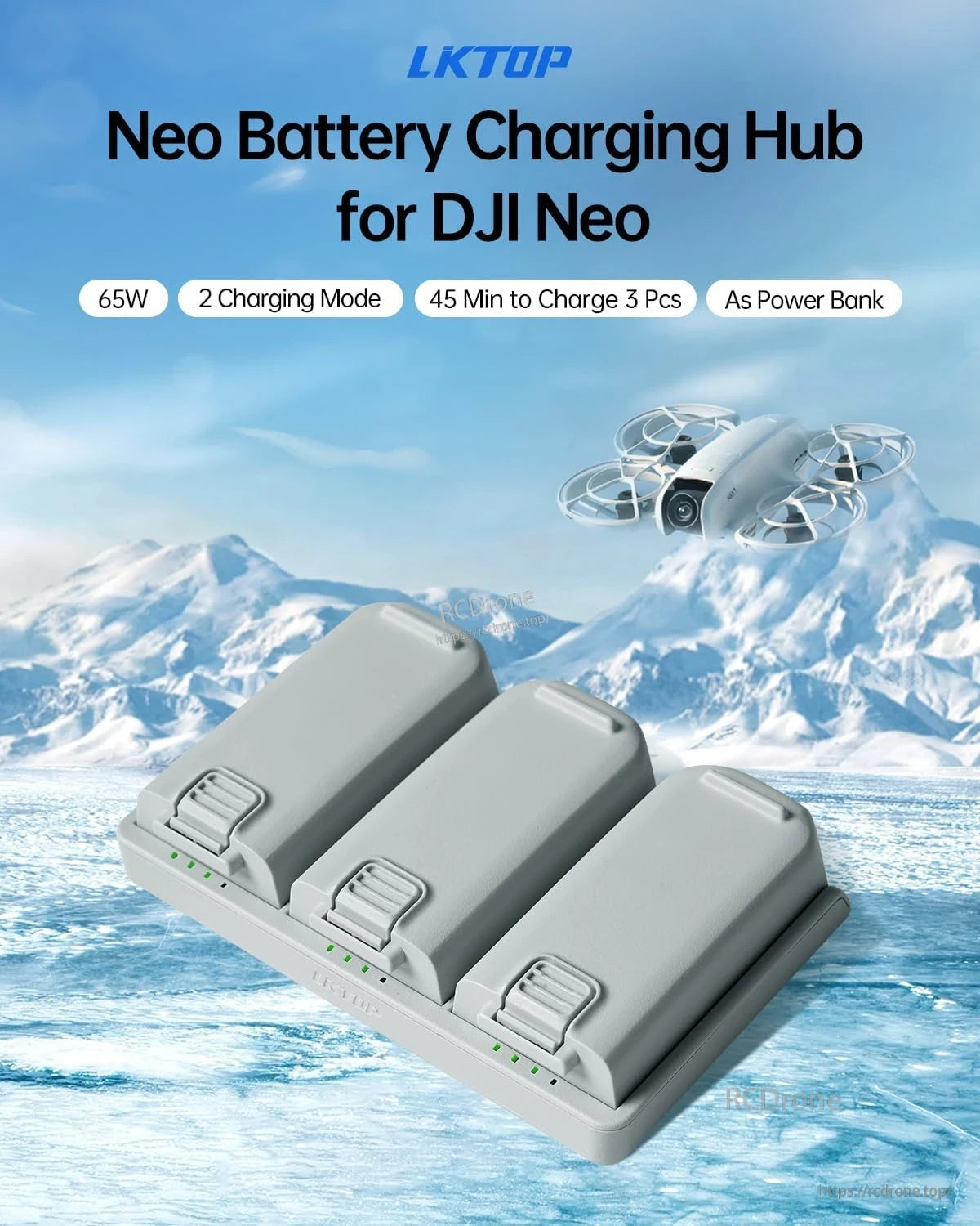 DJI Neo Charger Hub, LKTOP Neo Charging Hub: 65W, two modes, charges three DJI Neo batteries in 45 mins, also works as a power bank.