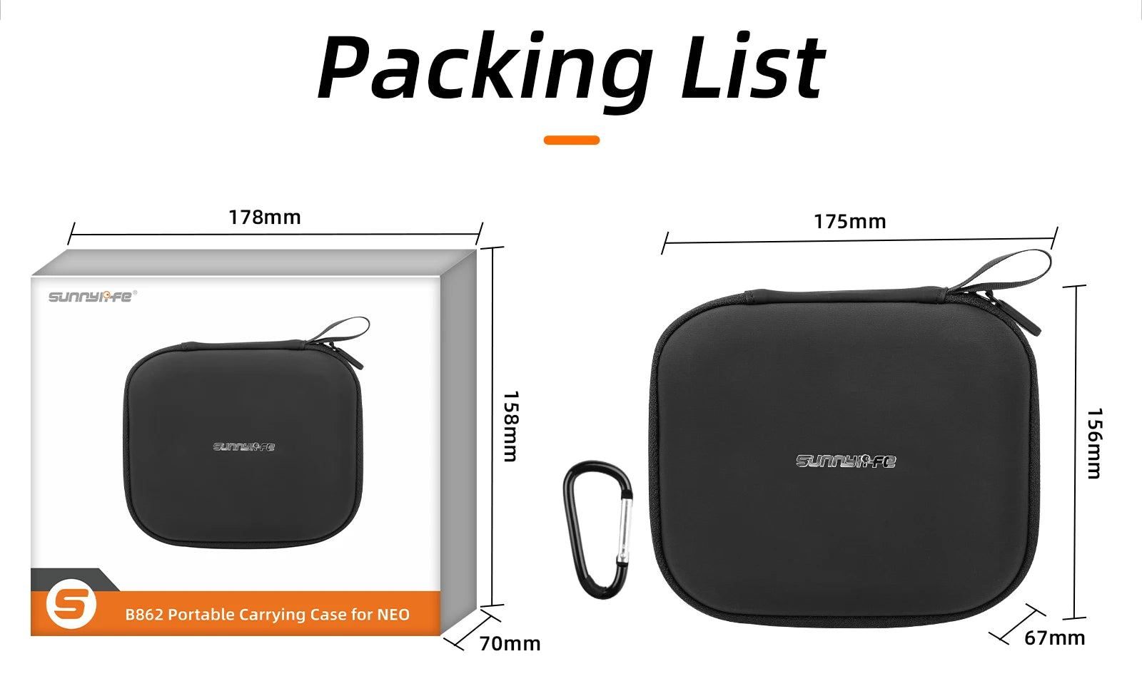 DJI Neo Drone Bag, Packing list for DJI Neo drone includes waterproof bag with dimensions 178mm x 175mm.