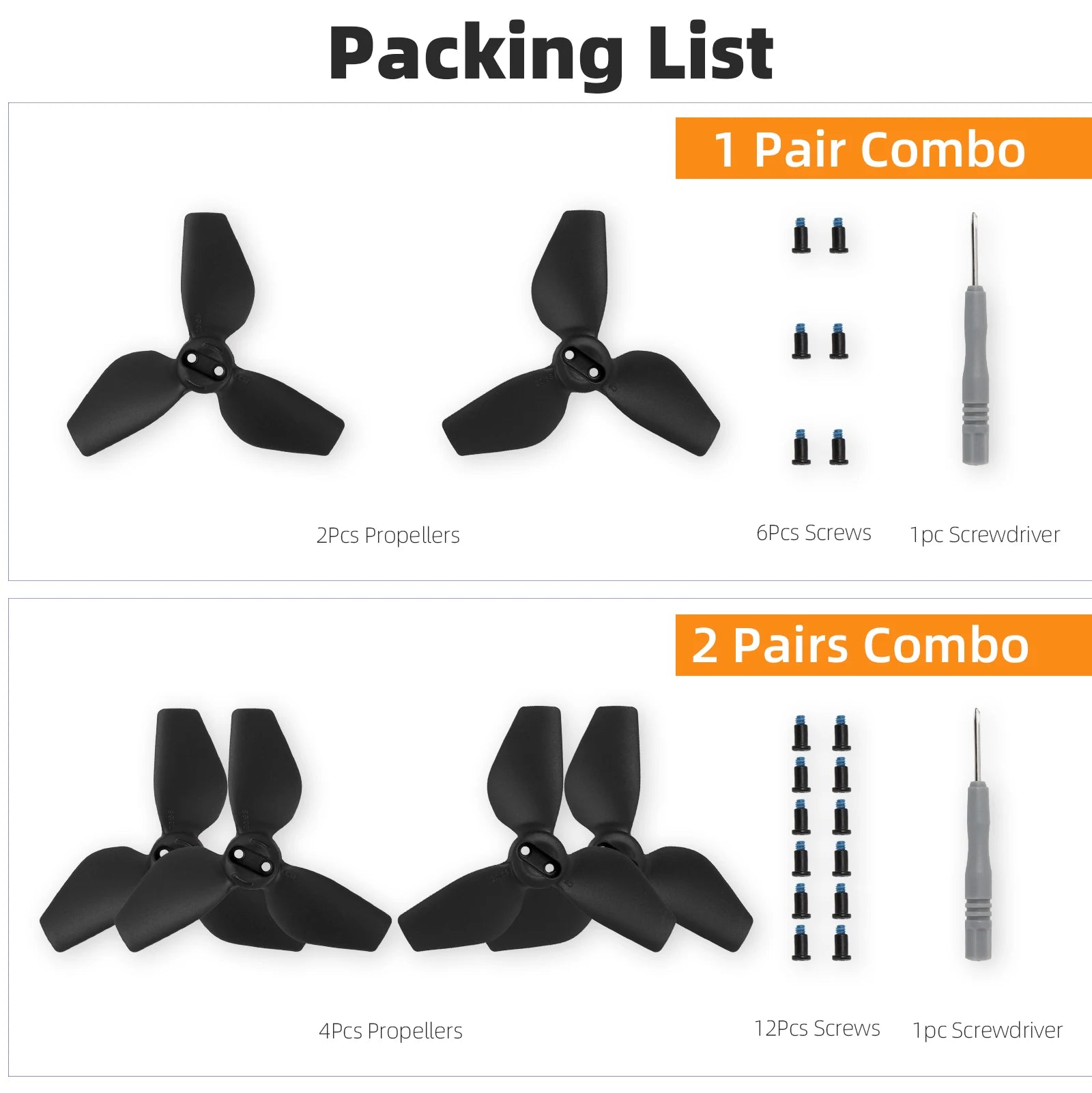 DJI Neo Propeller, A packing list includes 2 Neo propeller pairs, a quick release, and screws for installation, suitable for DJI Neoprops.