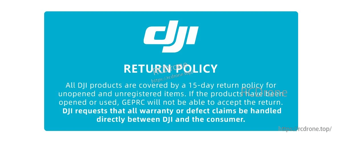 DJI return policy card outlining a 15-day return period for unopened and unregistered products