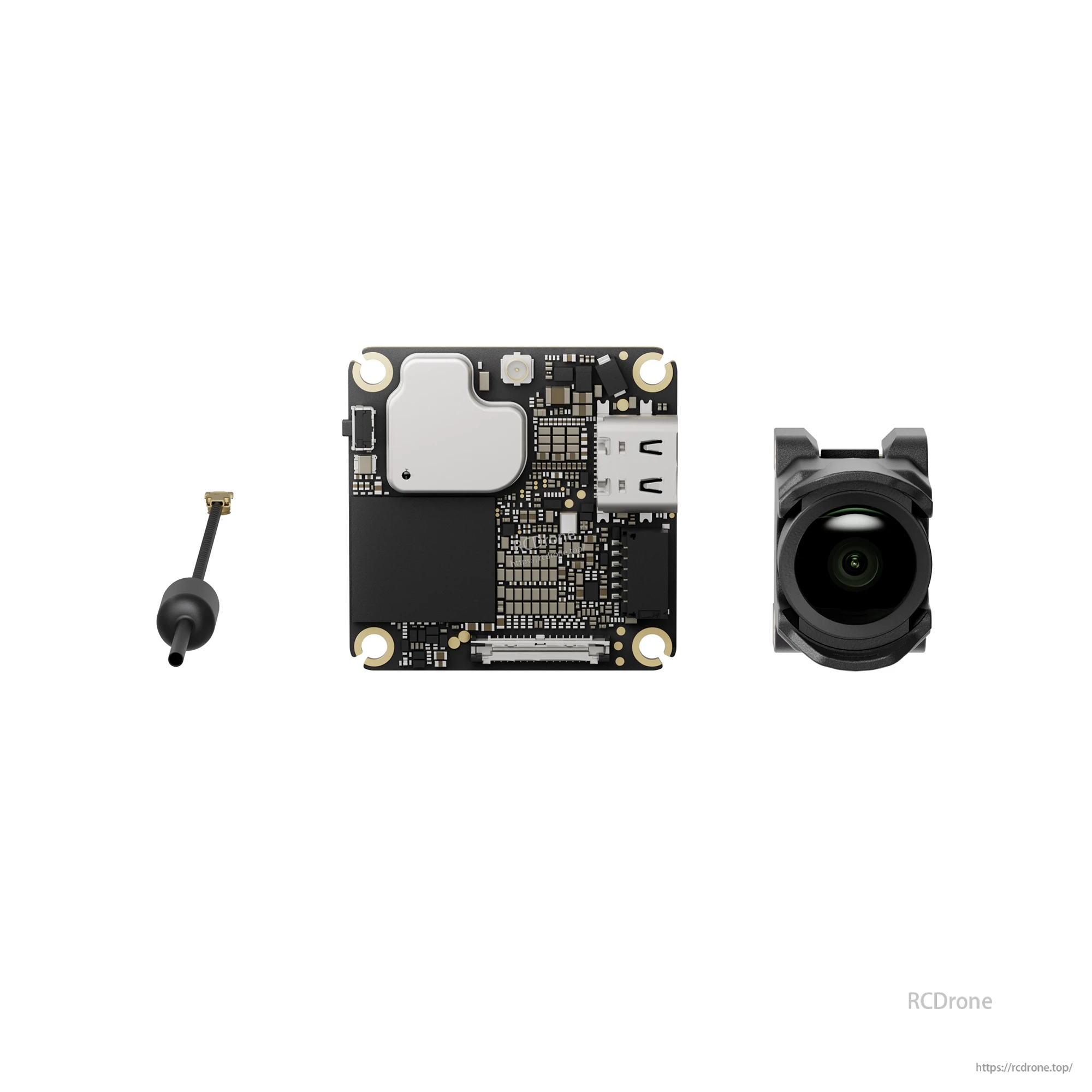 Front view of the DJI O4 Wide Air Unit board, camera module, and antenna