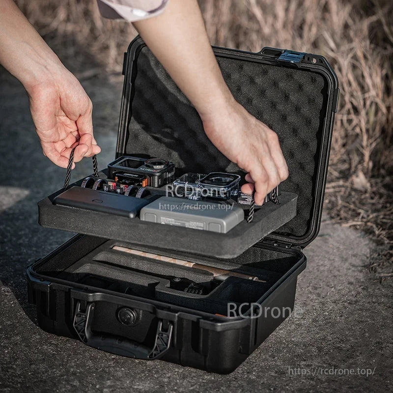 DJI Osmo Action 5 Pro Hard Case, Exclusive layout for Action 5 Pro ecosystem with various accessories including camera, waterproof case, battery, and more.