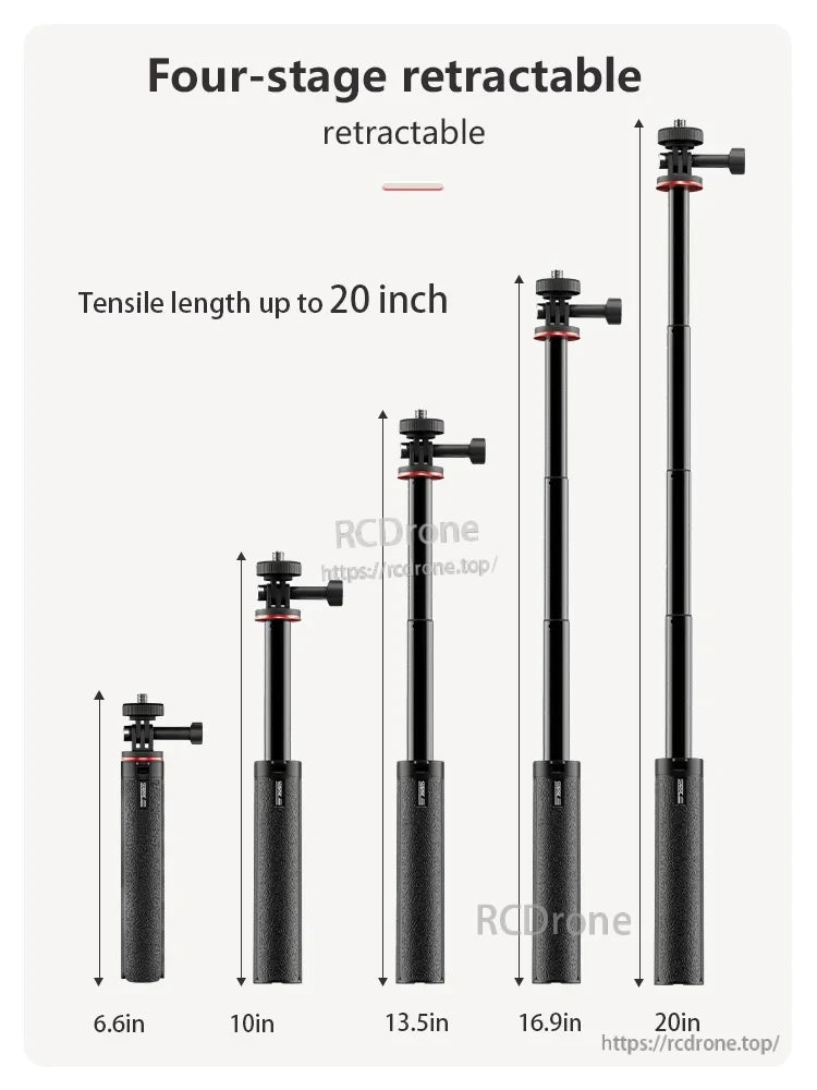 DJI Selfie Stick, Retractable four-stage selfie stick extends from 6.6in to 20in, with adjustable lengths at 10in, 13.5in, and 16.9in for versatile shooting angles. (24 words)