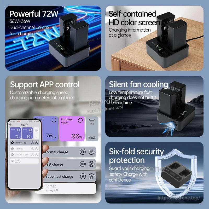 DJI WB37 Charging Hub offers 72W fast charging, app control, silent cooling, and six-fold safety for efficient, monitored battery management.
